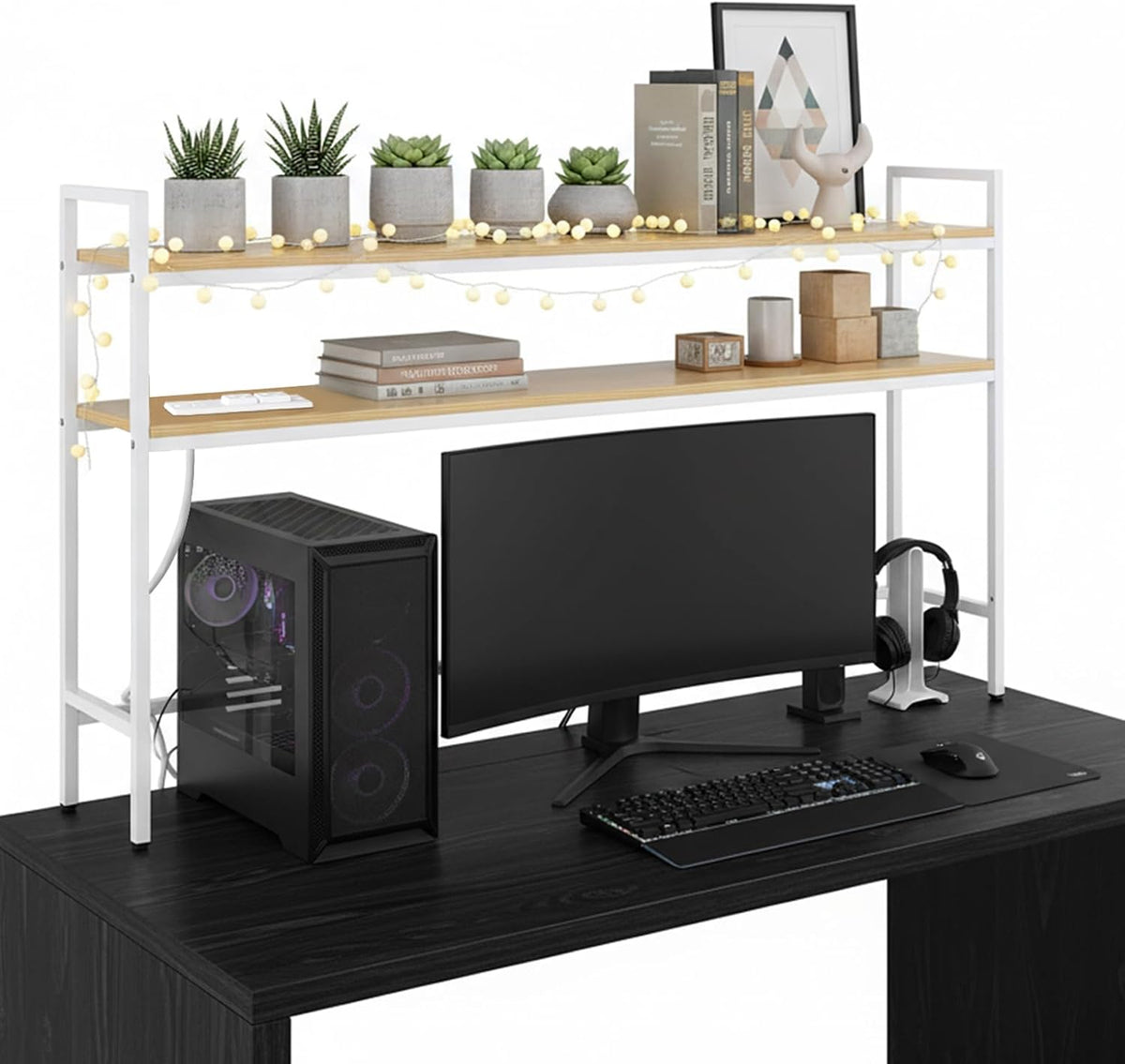 38.5" Desk Shelf with Outlets, 2-Tier Adjustable Multipurpose Engineered...