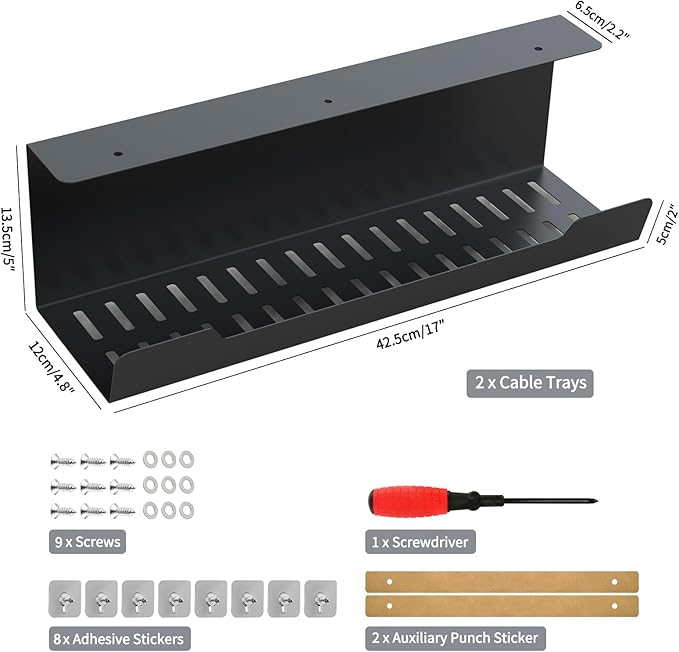 VIDOR Under Desk Cable Management Tray 2-Pack, No Drill Alloy Steel - Image 2
