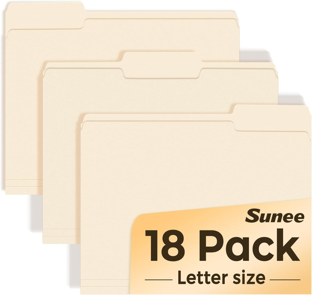 SUNEE File Folders, 18 Pack Manilla Folders 8.5 x 11, 1/3 Cut Tab for Easy Labeling and Organization, Durable Standard Paper for Home, Office, School Filing