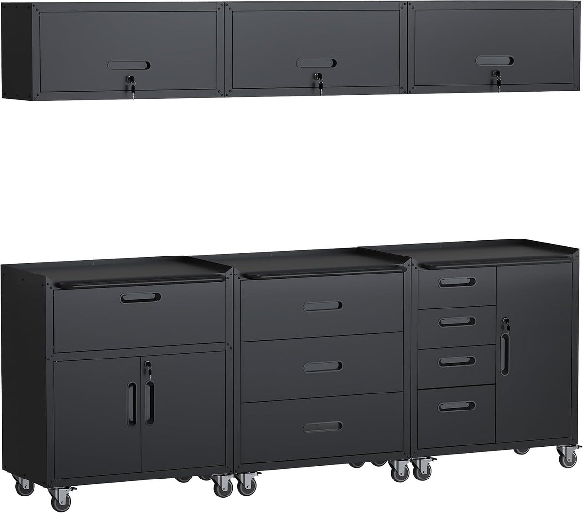 Black Garage Storage Cabinets System 6 PCS Workshop Set with Drawers Locking ...