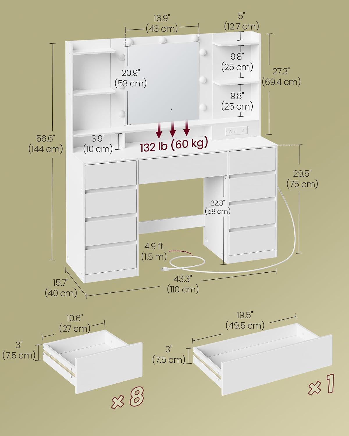 VASAGLE 43.3-Inch Vanity Desk with Mirror and Lights, 9 Drawers