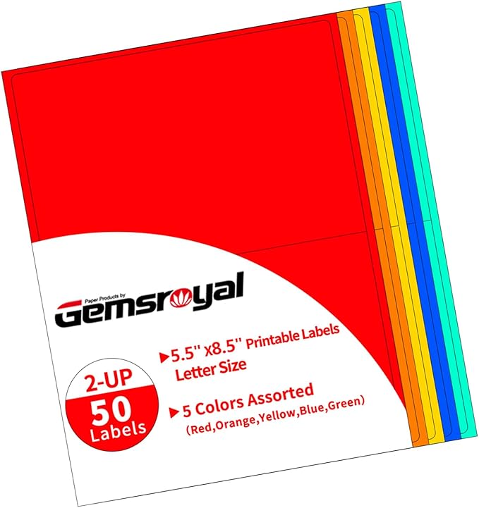 Gemsroyal Colored Half Sheet Shipping Labels Printable, 5.5"×8.5" Half Page by Gemsroyal