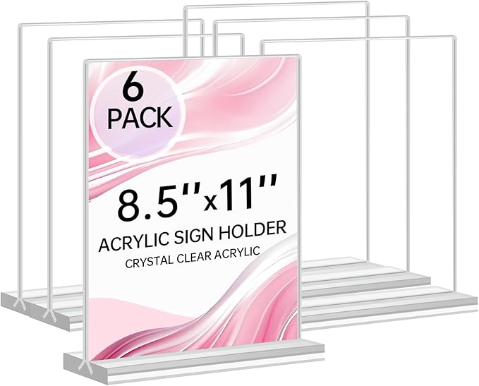 Yeahjiae 6 Pack T-Shaped Acrylic Sign Holder 8.5 x 11, Double Sided Clear Stand by Yeahjiae