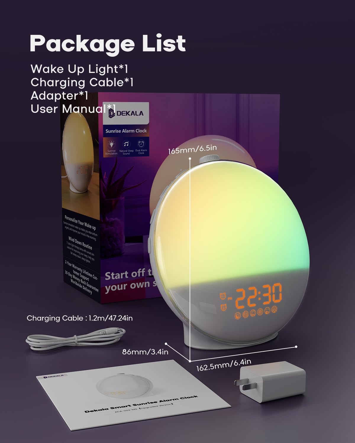 sunrise alarm clock for heavy sleepers, wake up, package contents