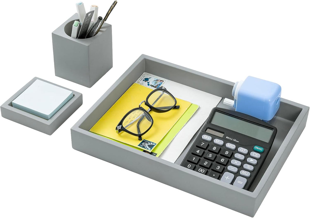 MyGift 3 pcs Set Modern Gray Concrete Desk Organizer Trays, Desktop Office Pa...