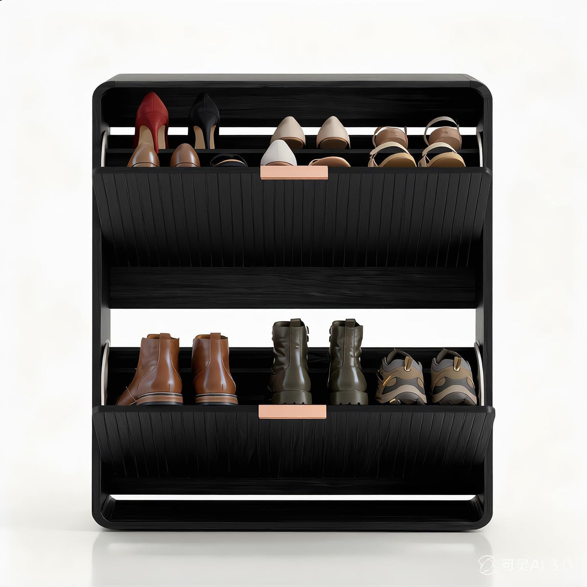 Modern Shoe Cabinet with 2 Flip Drawers, Fluted Panel Freestanding Wood Organ...