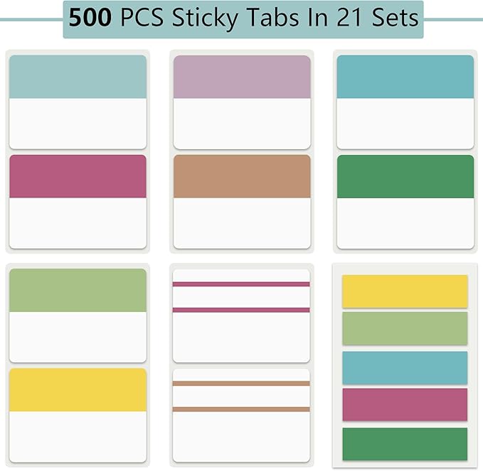 ELII 500 PCS Sticky Index Tabs 21 Sets, Colorful Book Tabs Sticky Tabs - Image 2