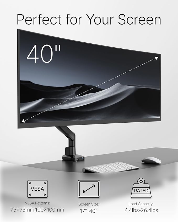 monTEK Deluxe Monitor Arm with USB A/C up to 40 Inch Holds 26.4 lbs Curved - Image 3
