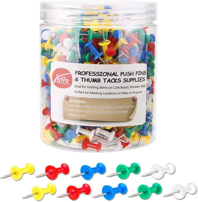 Yalis Push Pins 600 Count, Standard Multicolored Thumb Tacks Steel Point and by Yalis