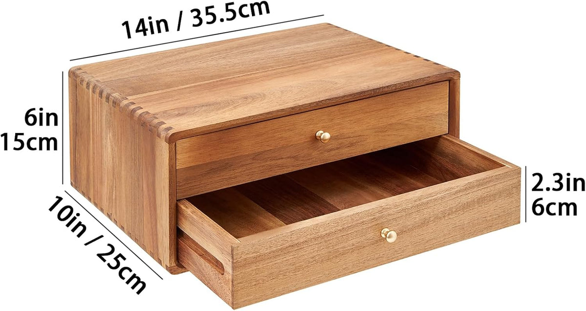 Acacia Wood Desk Organizer with 2 Drawers, Fully Assembled Dovetail Joint Des...