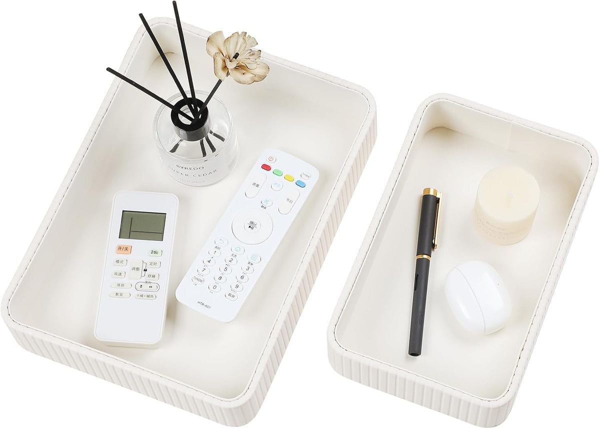 Desk Organizer Tray, PU Leather Nightstand Organizer, Ivory 2-Pack