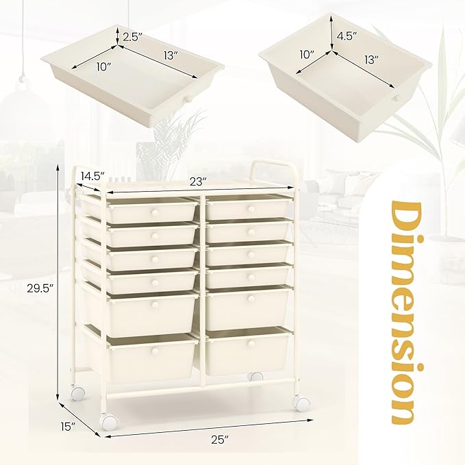 LDAILY 12 Drawer Rolling Storage Cart, Craft Cart Organizer on Wheels w/Metal - Image 3