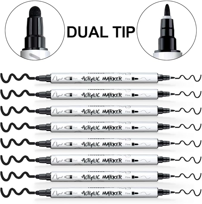 TRANSON 8 Pack Black Bold and Fine Dual-tip Acrylic Paint Marker - Image 4