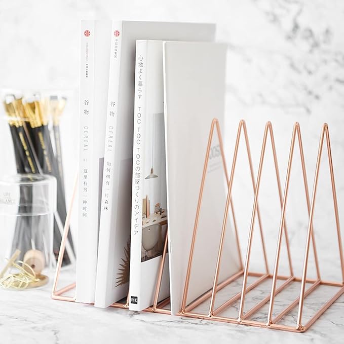 Sooyee 9 Slot Rose Gold Magazine Holder, Desktop File Sorter Organizer Triangle - Image 4