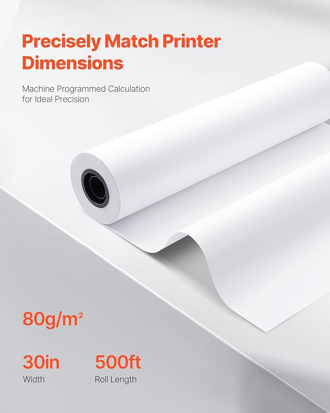 VEVOR Wide Format Paper, 30 in x 500 ft Plotter Roll, 2 Rolls CAD Bond Rolls - Image 3