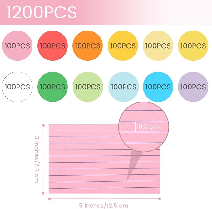 Koogel 1200PCS Index Cards 3x5, Colored Ruled Index Cards Bulk - Image 7