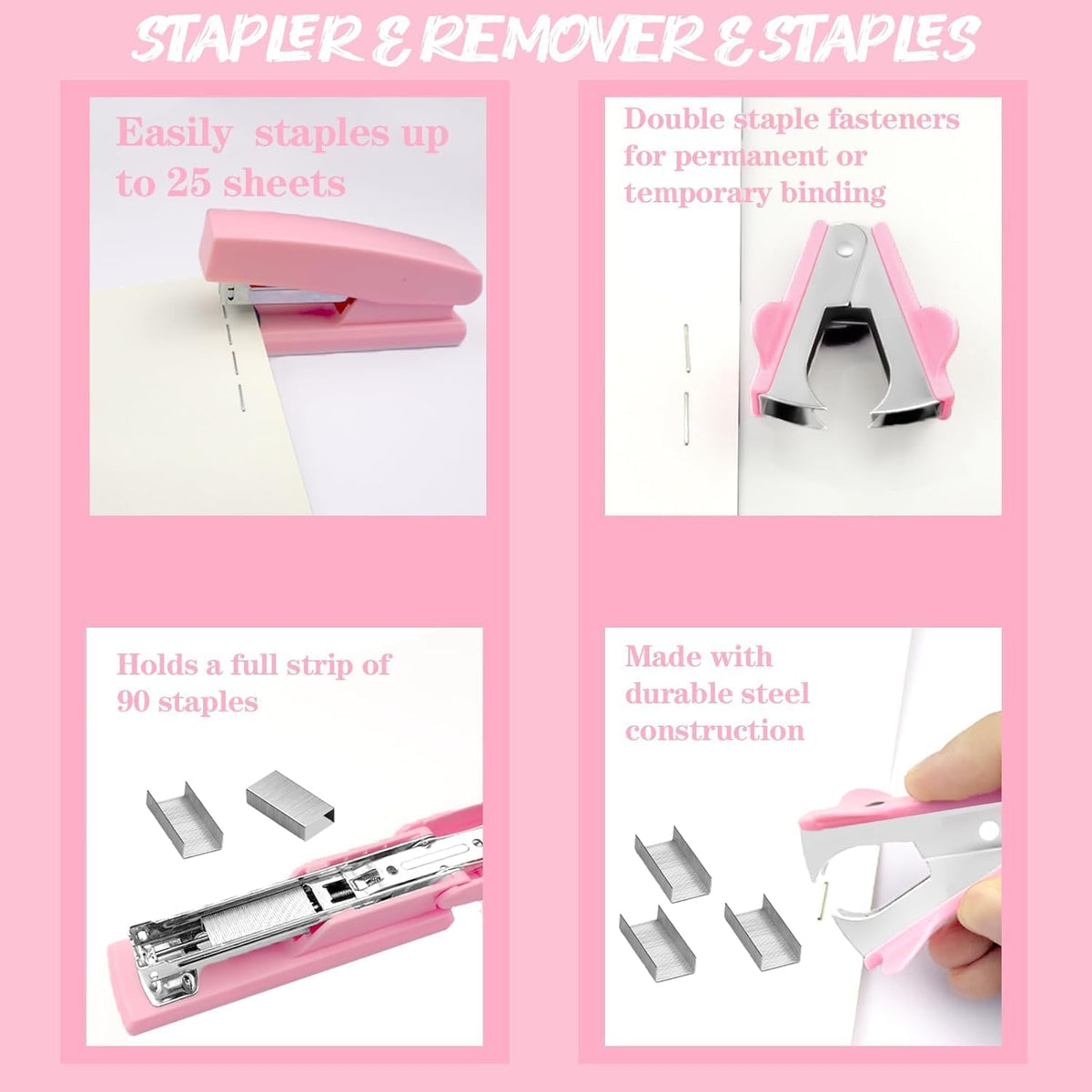 Pink Office Supplies, 17Pcs Pink Desk Accessories Set Include Stapler, Mesh D...