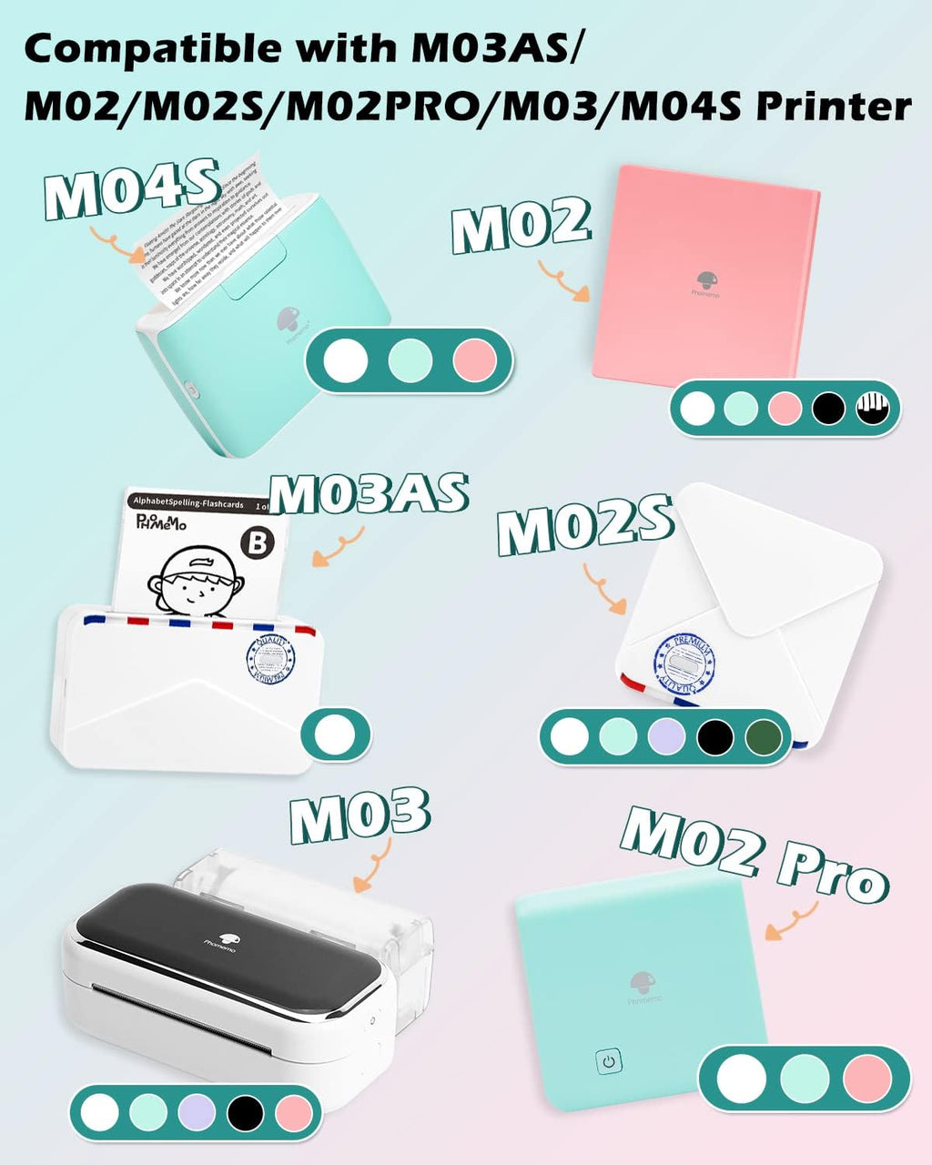 Phomemo Colorful Thermal Sticker Paper for M02/M02 Pro/M04S Mini Printer | Black Character on Purpple/Rose/Orange, 50mm x 3.5m, Diameter 30mm, 3 Rolls
