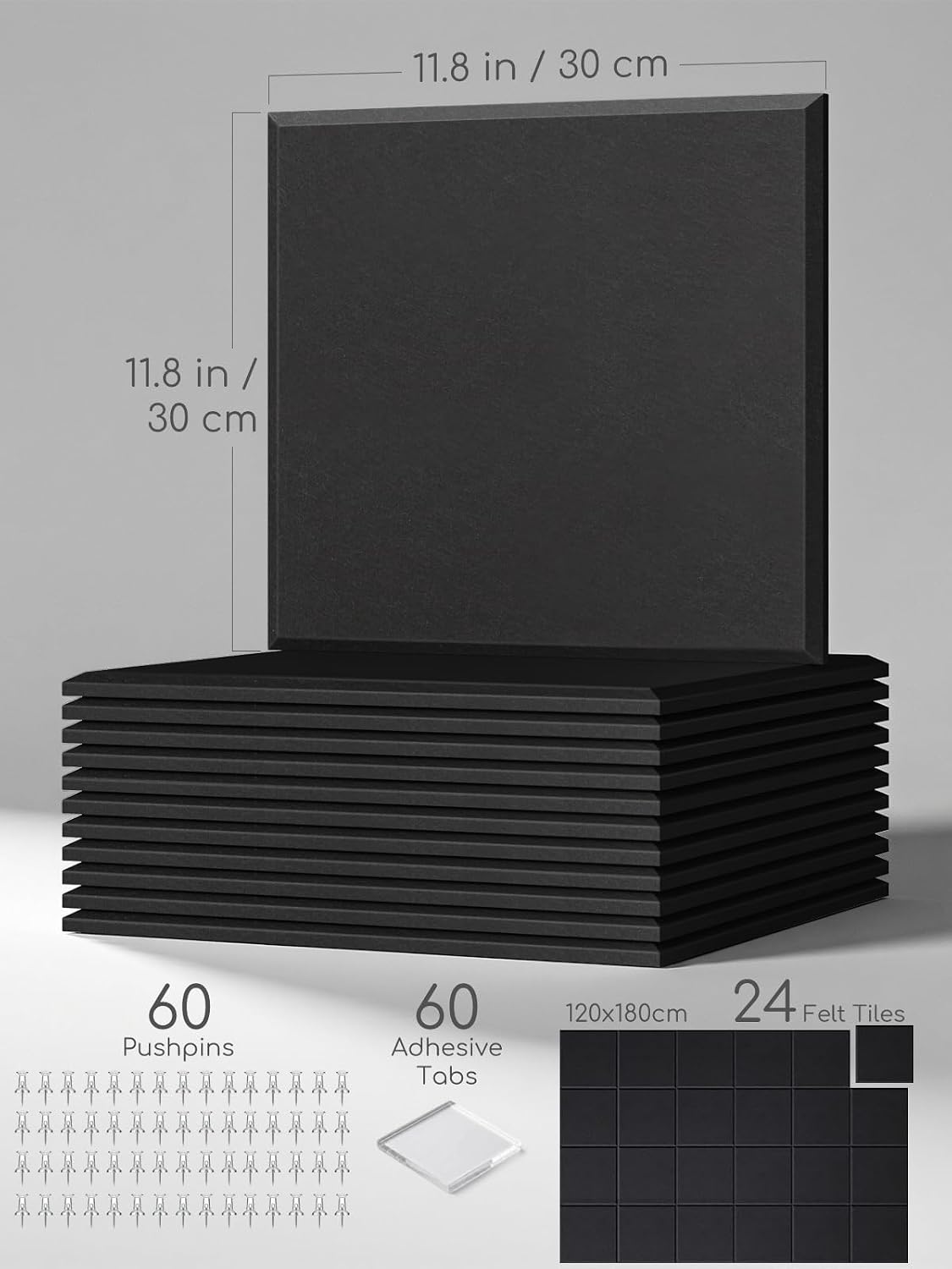 Thick Felt Pin Board Tiles 24 Pack, 11.8x11.8 Bulletin Board for Wall