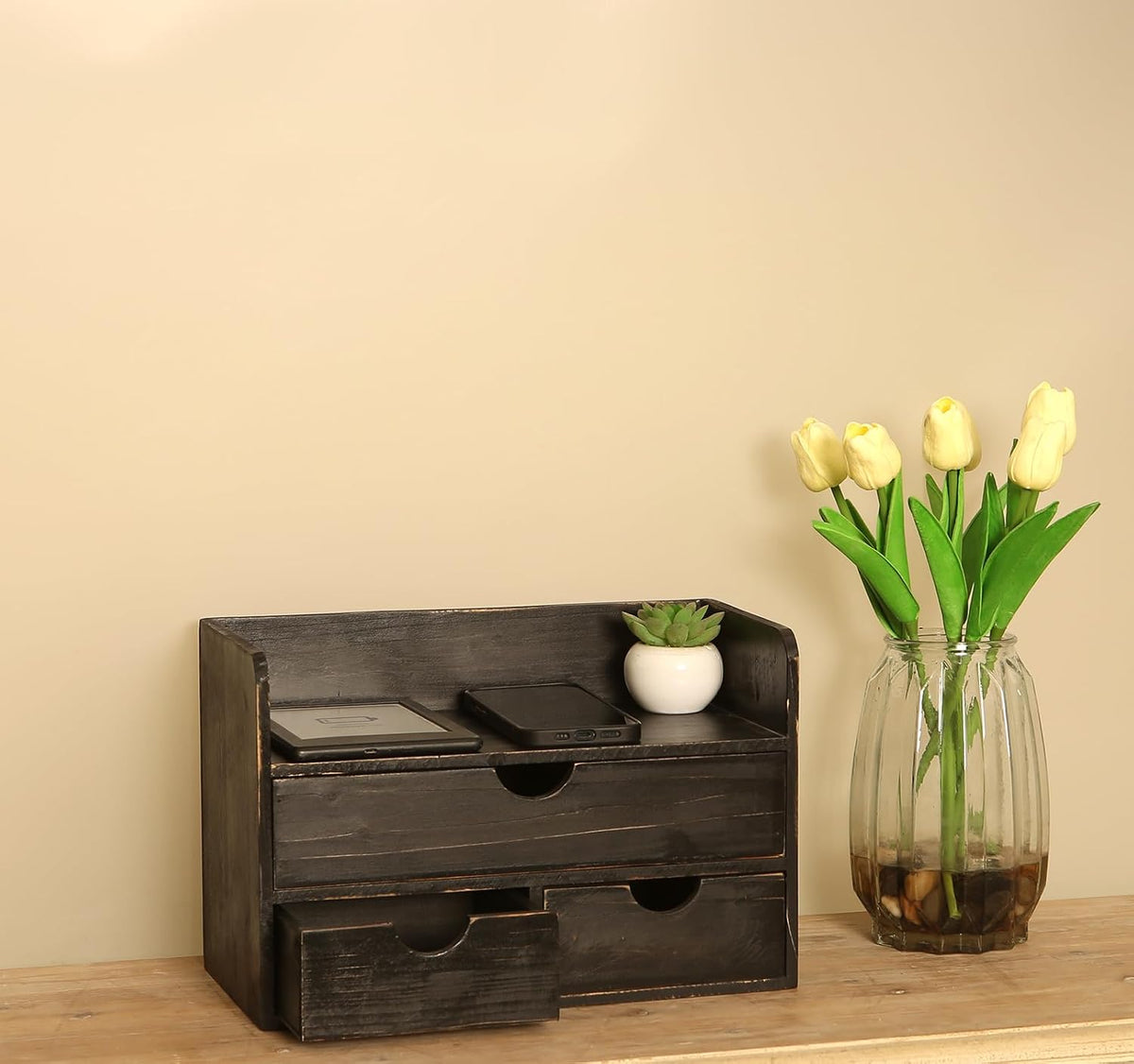 Black Wood 3 Drawer Desk Organizer Shelf, Mail Rack Vanity Storage