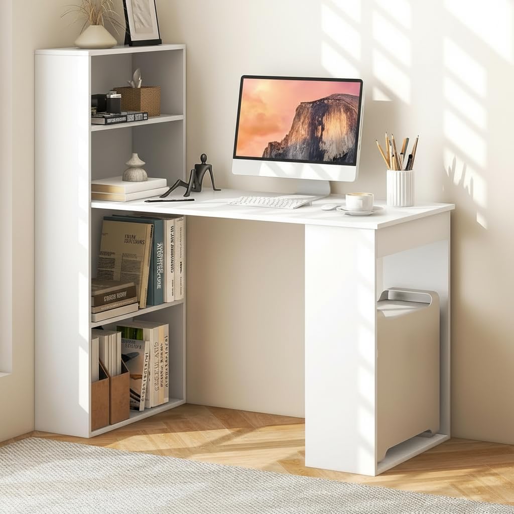 Tangkula White Computer Desk with Bookshelf, Writing Study Desk with Storage ...