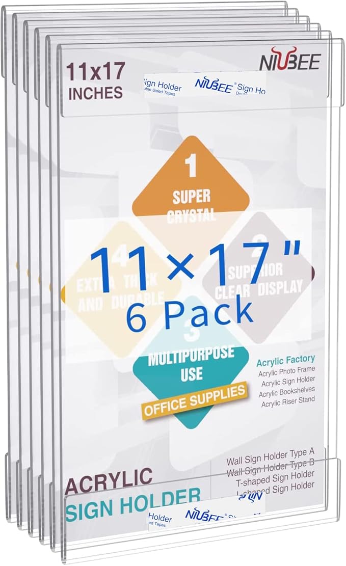 Niubee 6 Pack Acrylic Sign Holder 11 x 17 inches Wall Mount Sign Holders Clear by NIUBEE