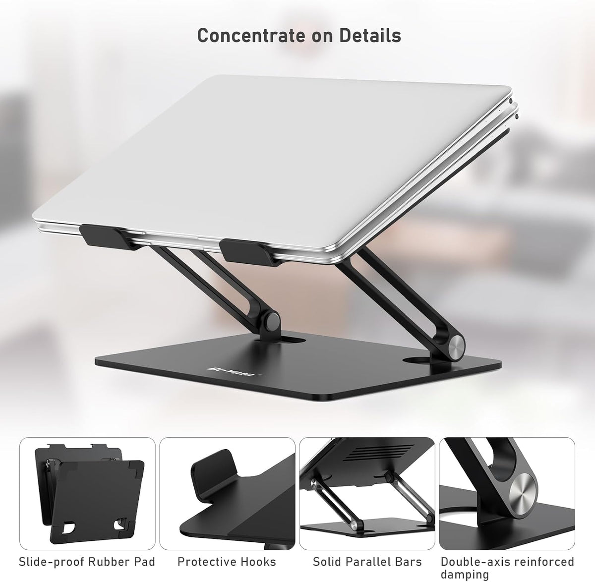 BoYata Laptop Stand, Adjustable Metal Desktop Riser, Up to 15 Inches, Black