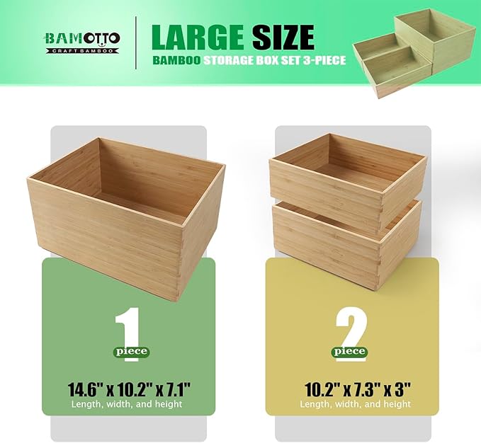 3-Piece Large Bamboo Storage Box Set, 7.1 in High Stackable Deep-Drawer - Image 2