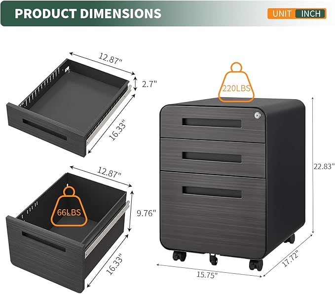 TEEALUBAN 3 Drawer Mobile File Cabinet - Image 2