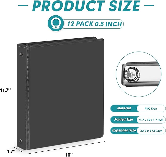 3 Ring Binder 0.5 Inch, PANDRI 12 Pack 0.5-Inch Binder Fits Letter Size 8.5'' x - Image 5