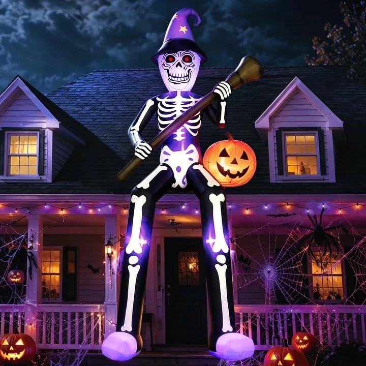 DomKom 12 FT Halloween Inflatables Outdoor Decorations, Giant Skeleton Wizard...