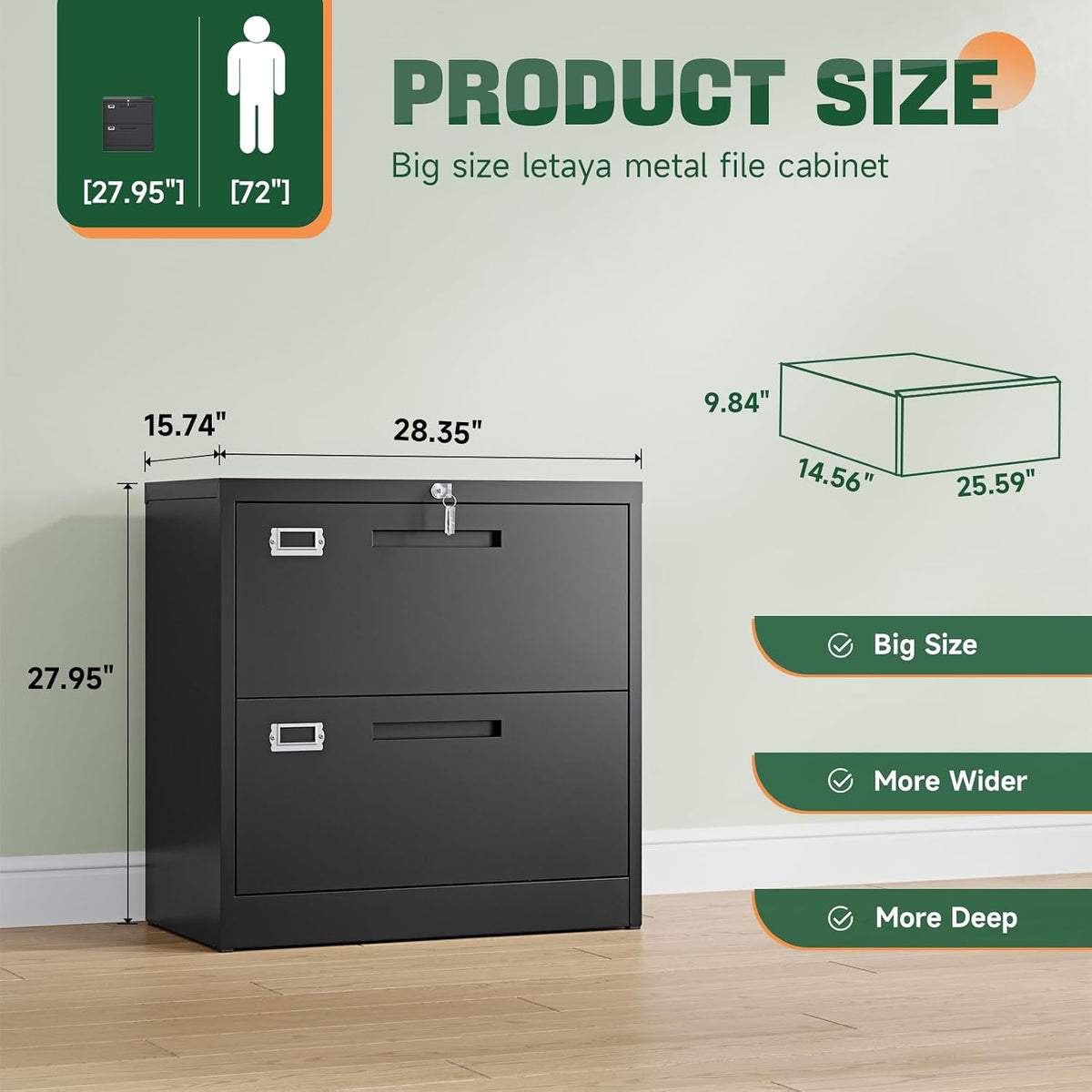 letaya 2 drawer file cabinet with lock,metal lateral, close-up detail