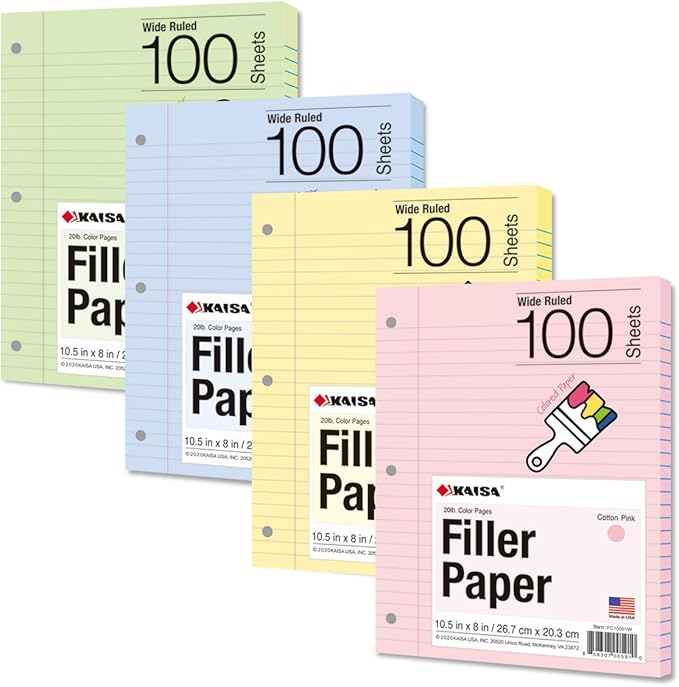 Kaisa Filler Paper Colored loose Leaf Paper, Wide Ruled 8x10.5in Colored Paper by KAISA