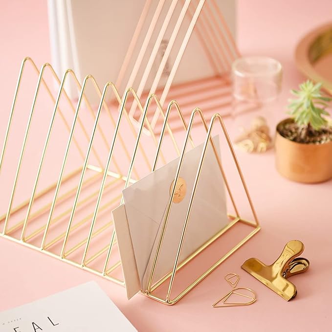 Sooyee 9 Slot Rose Gold Magazine Holder, Desktop File Sorter Organizer Triangle - Image 6