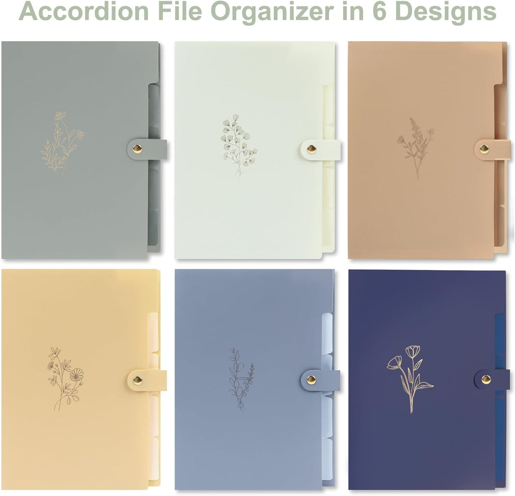 EOOUT 6pcs Expanding File Folders with 5 Pockets, Accordion Folders for Documents, A4 Letter Size Gold-Embossed Floral Plastic File Organizer with Snap Button for School and Office Supplies