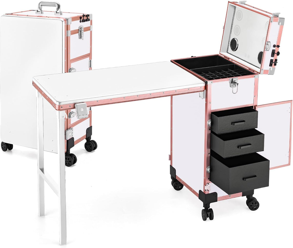 Portable Manicure Table 3 Drawers, Rolling Lockable Makeup Train Case with Bl...
