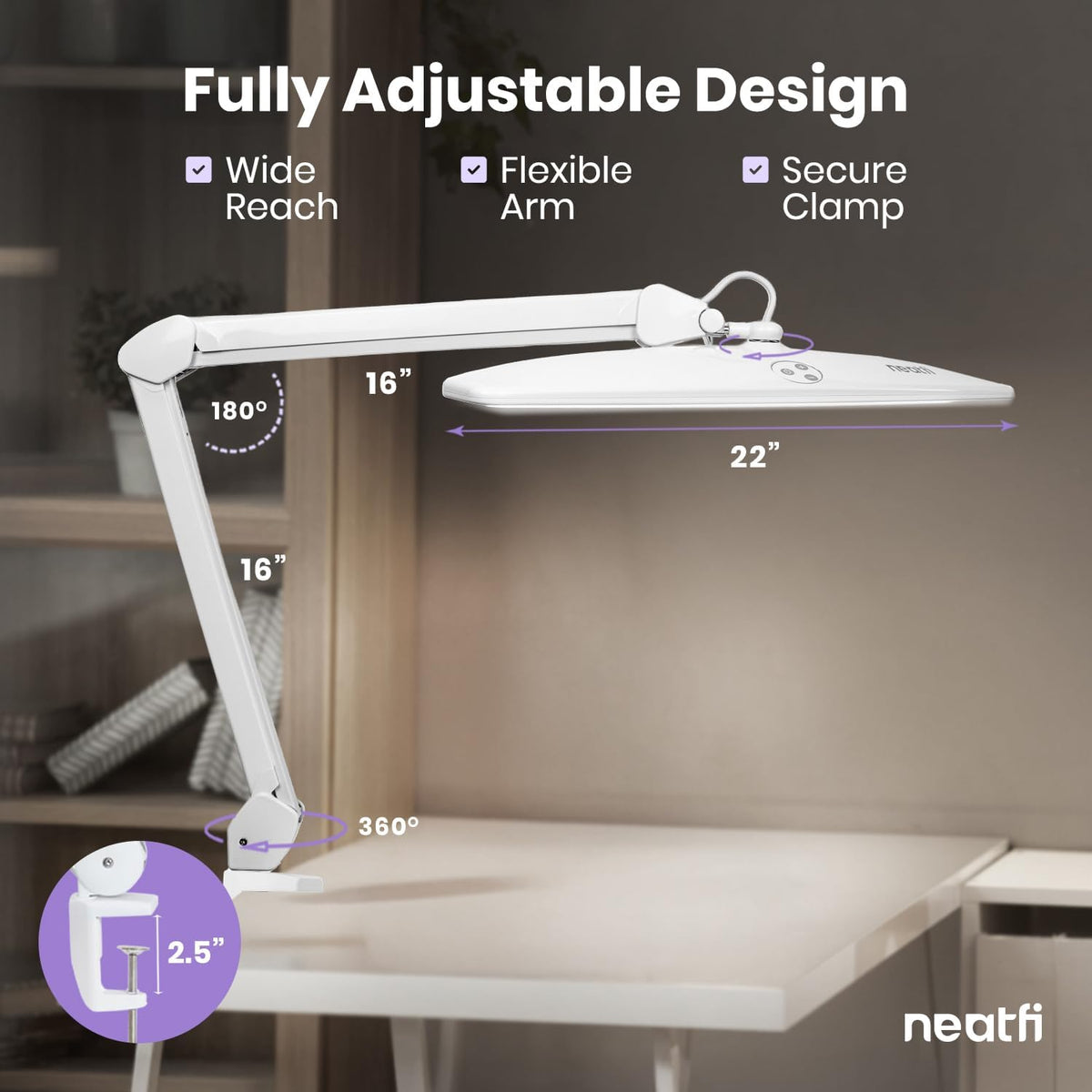 Neatfi Elite HD LED Desk Lamp, 1600 Lumens, 22-Inch Head, Clamp (White)