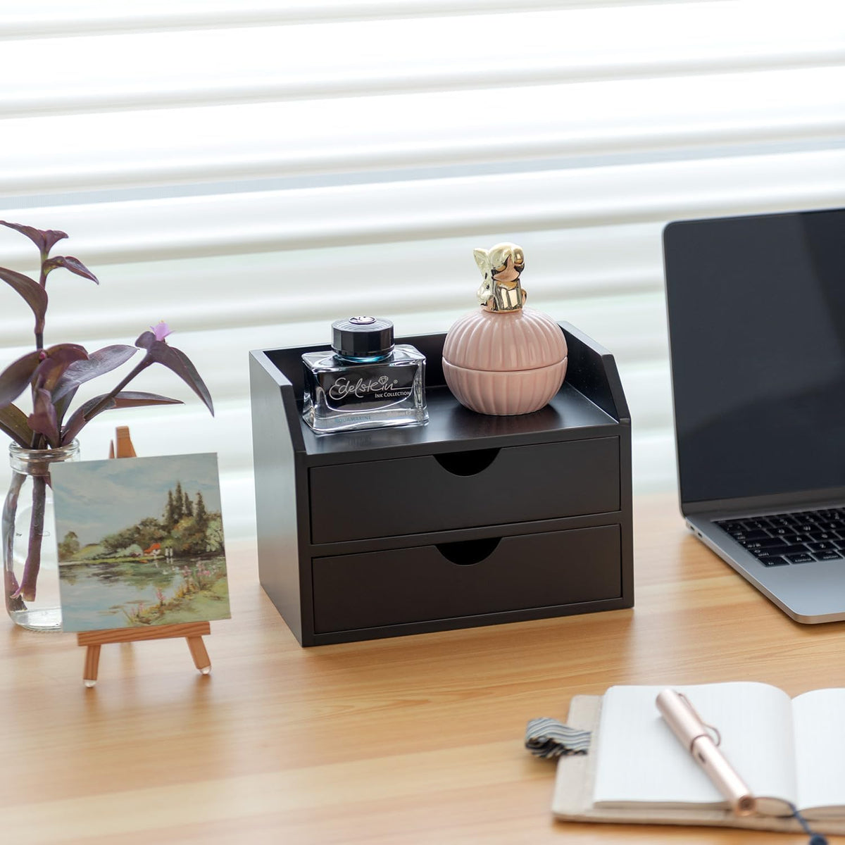 ROSE BLOOM Black Wood Desk Organizer with 2 Drawer, Mini Cute Cabinet with St...