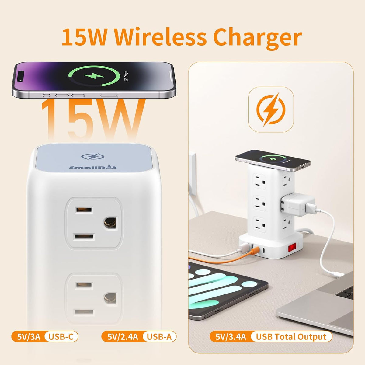 Extension Cord with Multiple Outlets, SMALLRT Power Strip Tower, Outlet Exten...