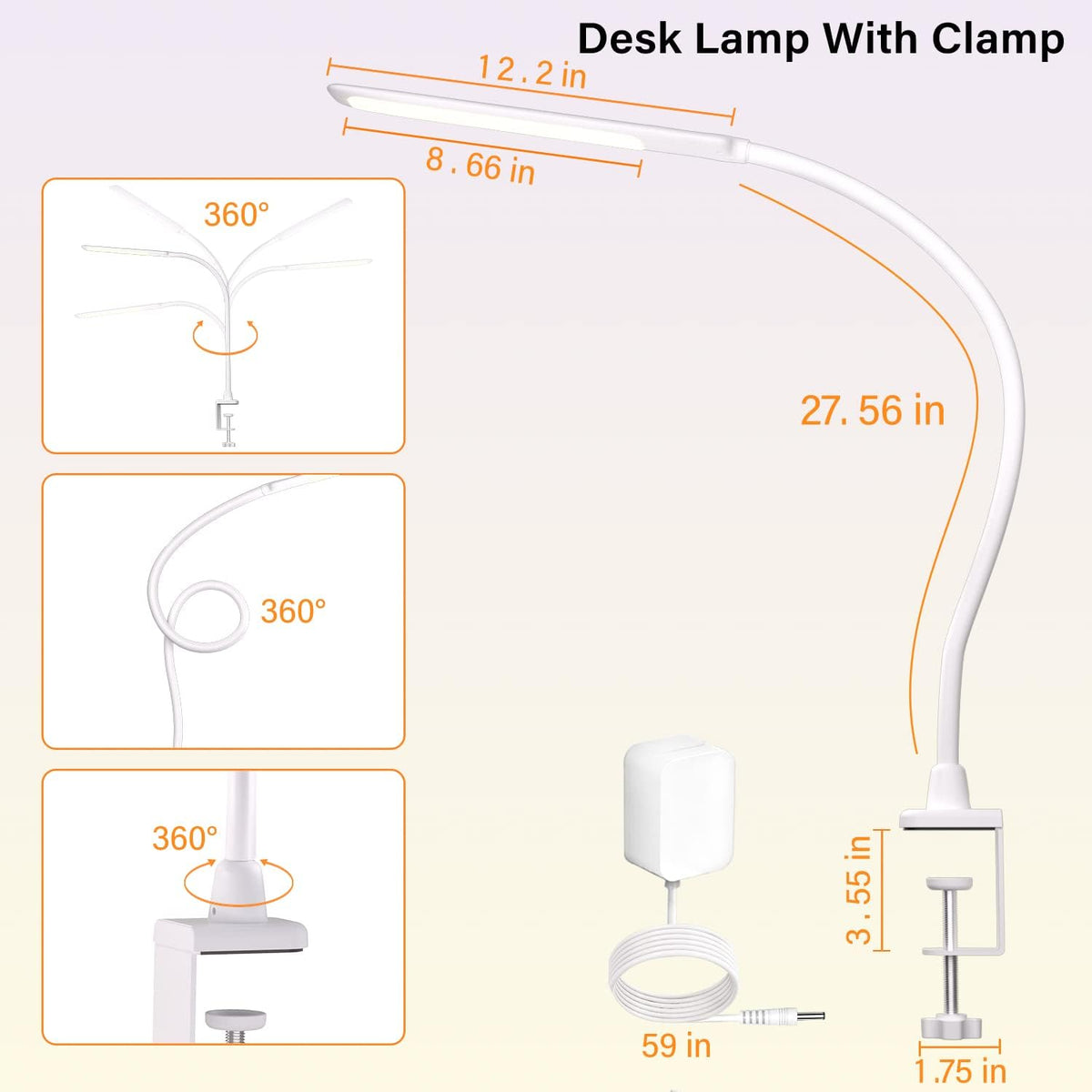 LED Desk Lamp With Clamp, 10W Gooseneck Lamps Touch Control,Swing Arm Clamp L...