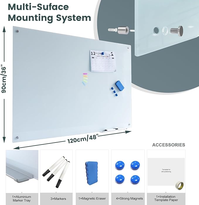 Magnetic Glass Whiteboard 48"x36" Glass Dry Erase Board 48"x36" Frameless Wall - Image 4