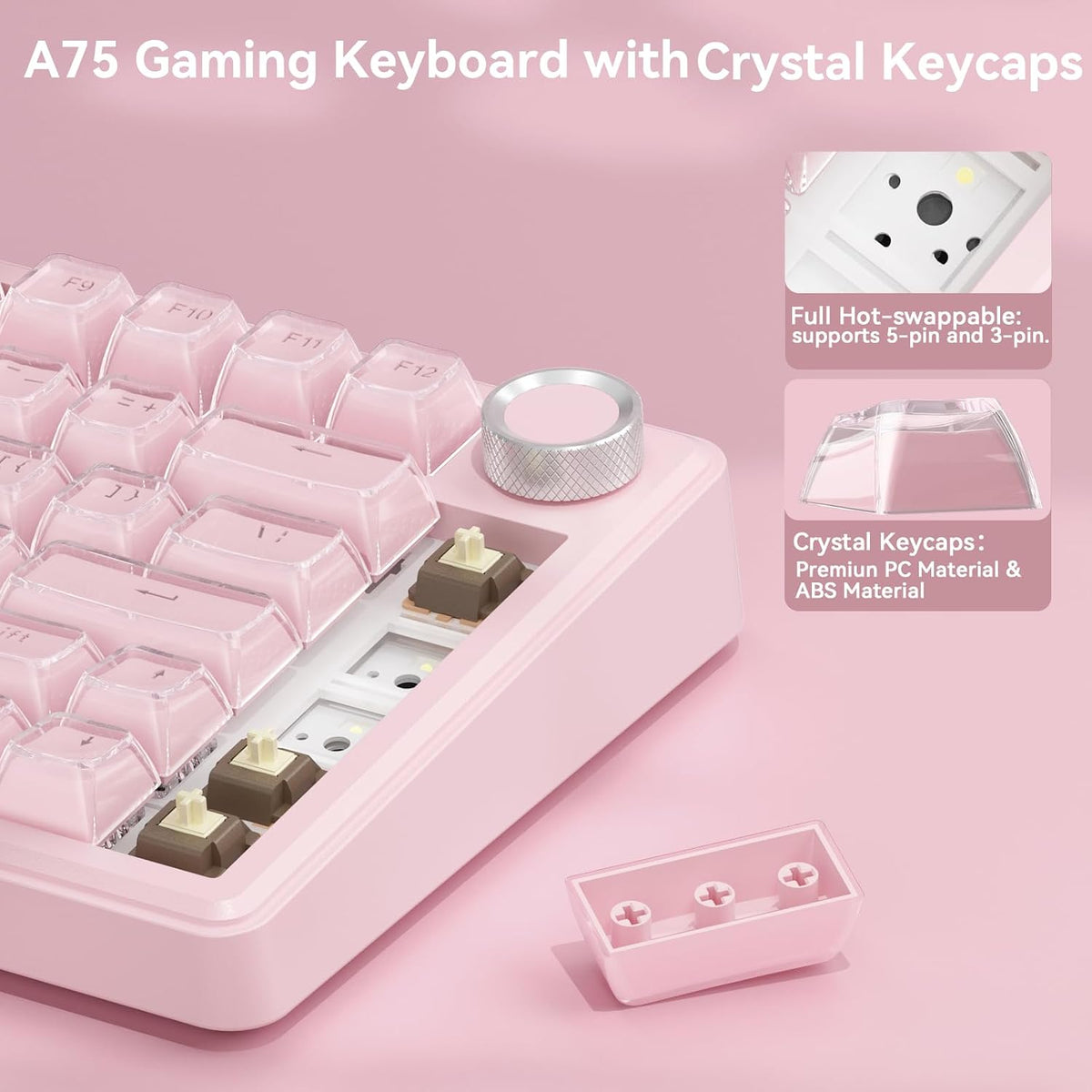 SOLAKAKA A75 Wireless Gaming Keyboard with Multifunction Knob, BT5.0/2.4GHz/U...