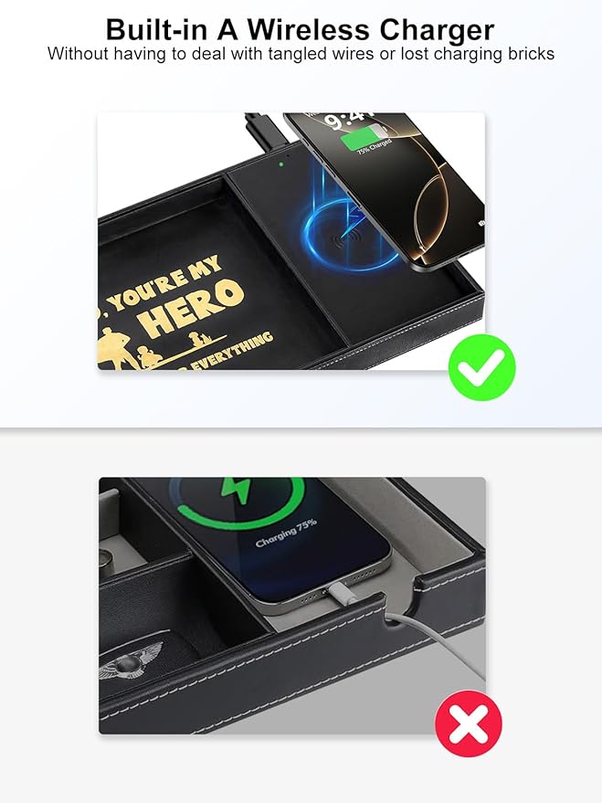 Gifts for Dad Valet Tray, Built-in Wireless Charger, Nightstand Organizer - Image 5
