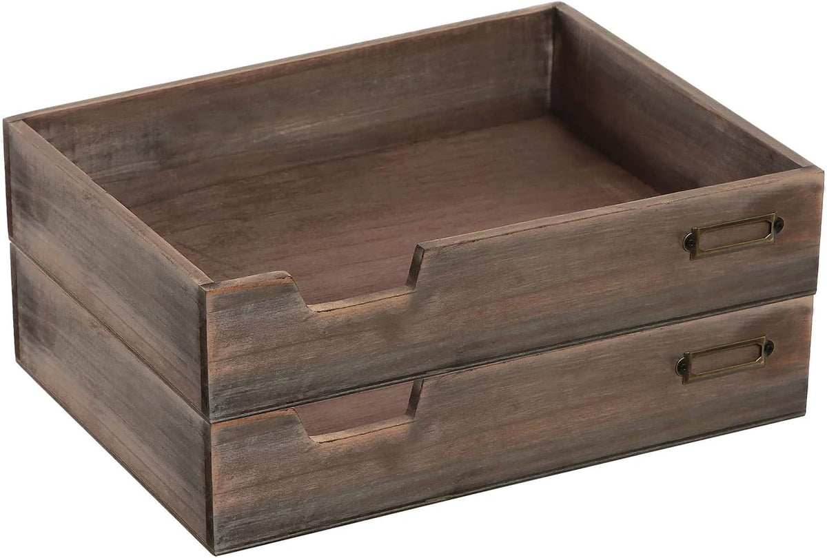 MyGift Set of 2 Vintage Distressed Finish Brown Wood Stackable Office Desktop...