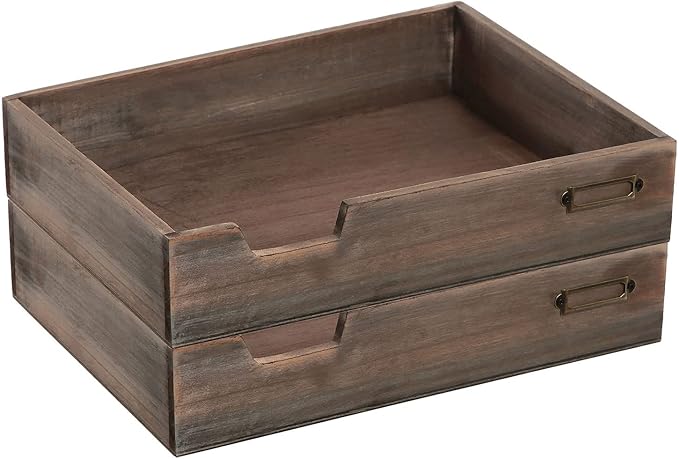 MyGift Set of 2 Vintage Distressed Finish Brown Wood Stackable Office Desktop - Image 3