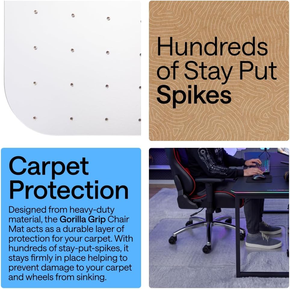 GORILLA GRIP Slip Resistant Clear Office Chair Mat for Carpet Floors, Smooth Rolling Glide Under Desk, Heavy Duty Plastic Computer Mats and Carpeted Floor Protector, Work and Gaming Chairs, 29x47