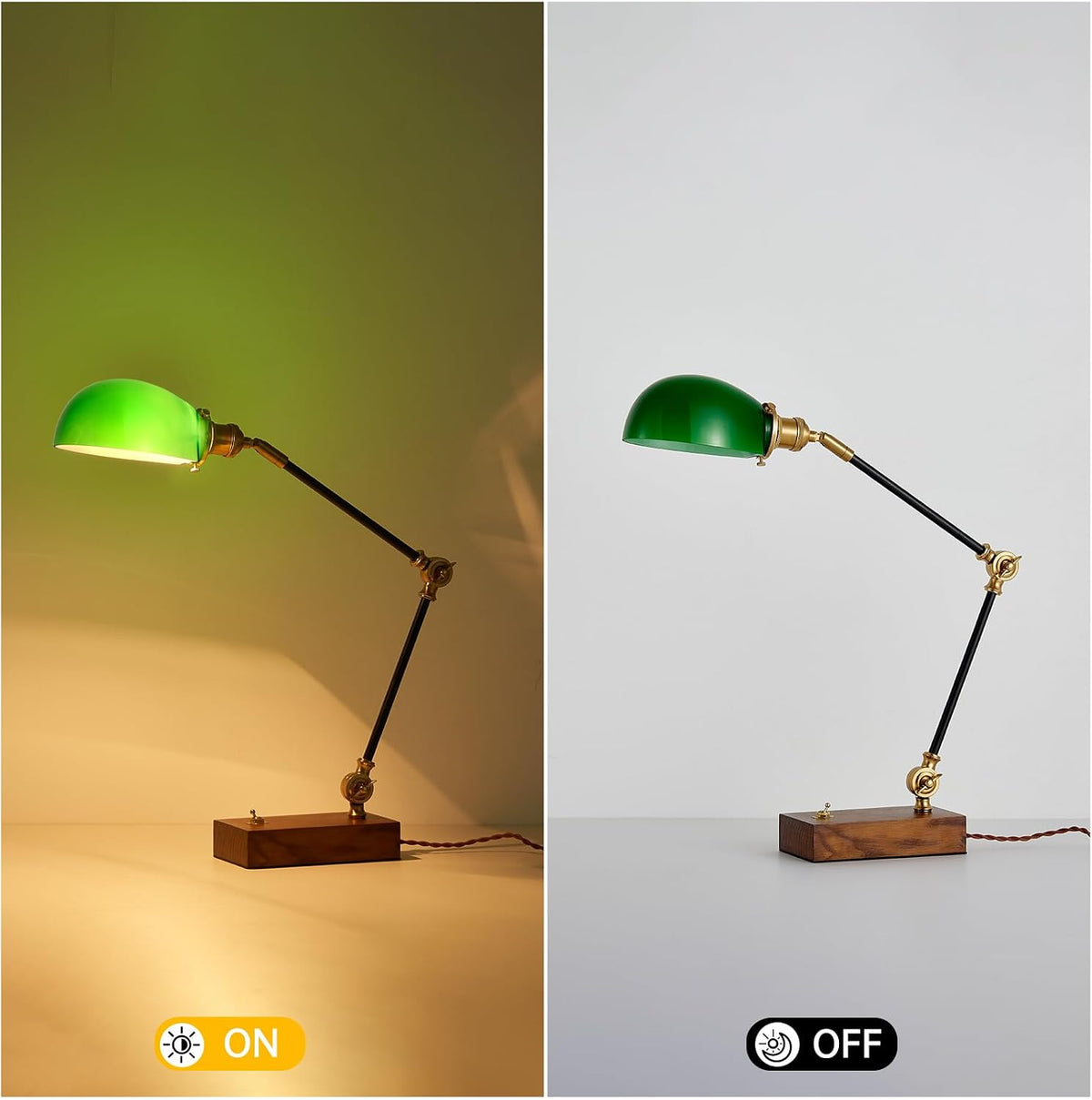 Vintage Green Glass Solid Wood BLack Gold Adjustable Swing Arm Desk Lamp