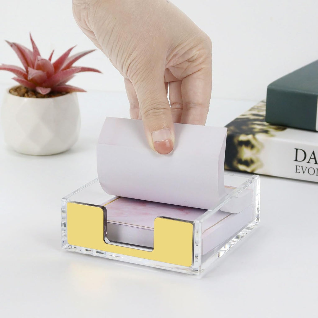 MultiBey Gold Sticky Note Holder Clear Acrylic Memo Pad Dispenser | Post Note Pad Holders Aesthetic Desk Supplies Organizer Accessories for Office Home Schools (Gold)