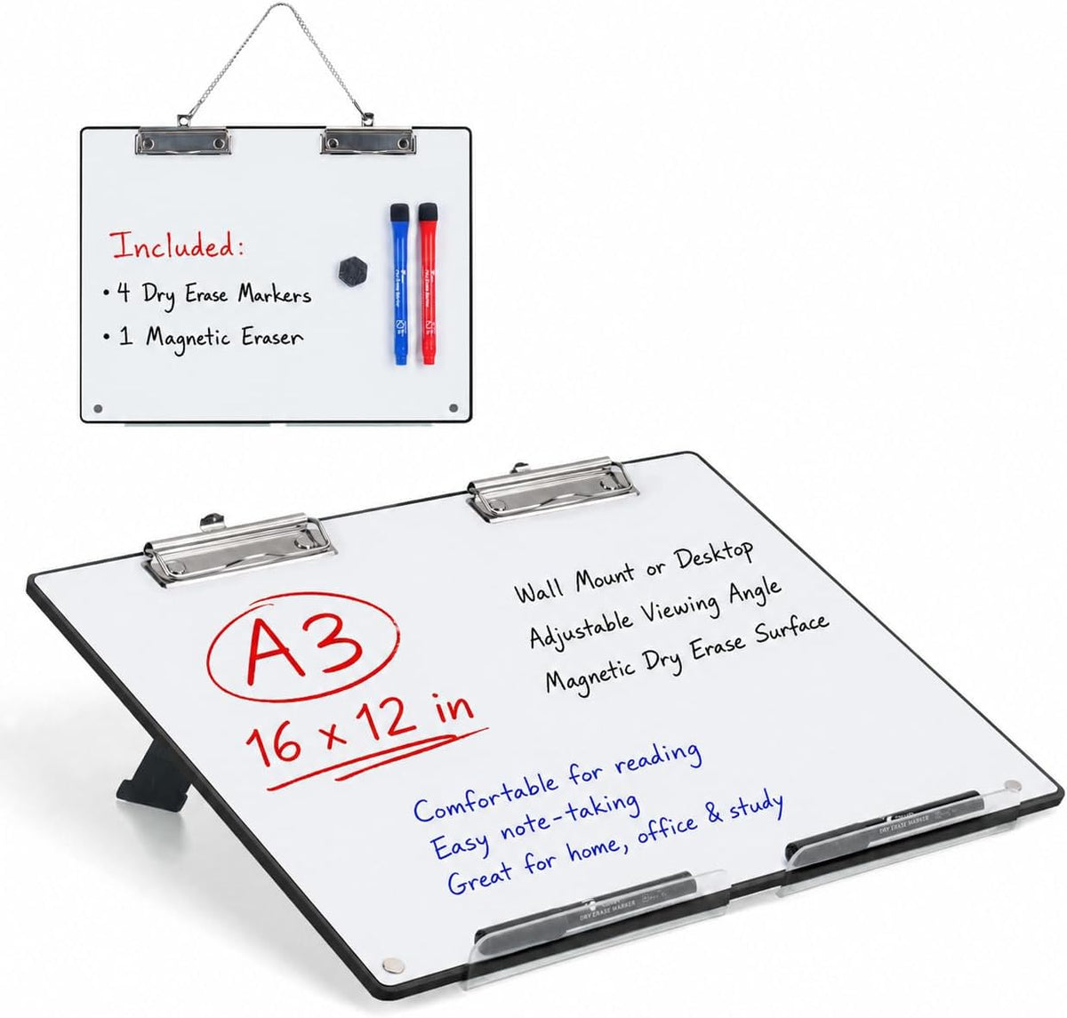 TOWON A3 Desktop Dry Erase Board with Adjustable Stand, Black Back