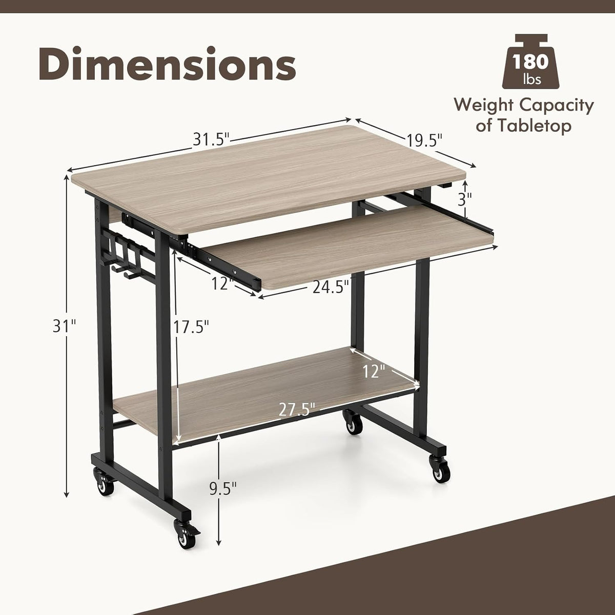 Tangkula Rolling Computer Desk Cart with Keyboard Tray, Mobile Portable Lapto...